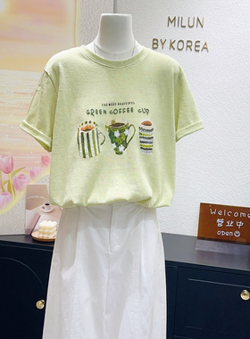 夏天清新茉莉奶绿色~韩国油画风森女日系刺绣短袖正肩上衣麻感棉