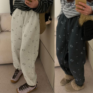 小个子加绒加厚卫裤~韩代款秋冬季满印Kitty猫休闲裤哈伦束脚裤子