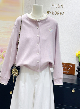 小个子糯米绒外套~2026春韩国东大门刺绣花朵甜美上衣粉紫色开衫