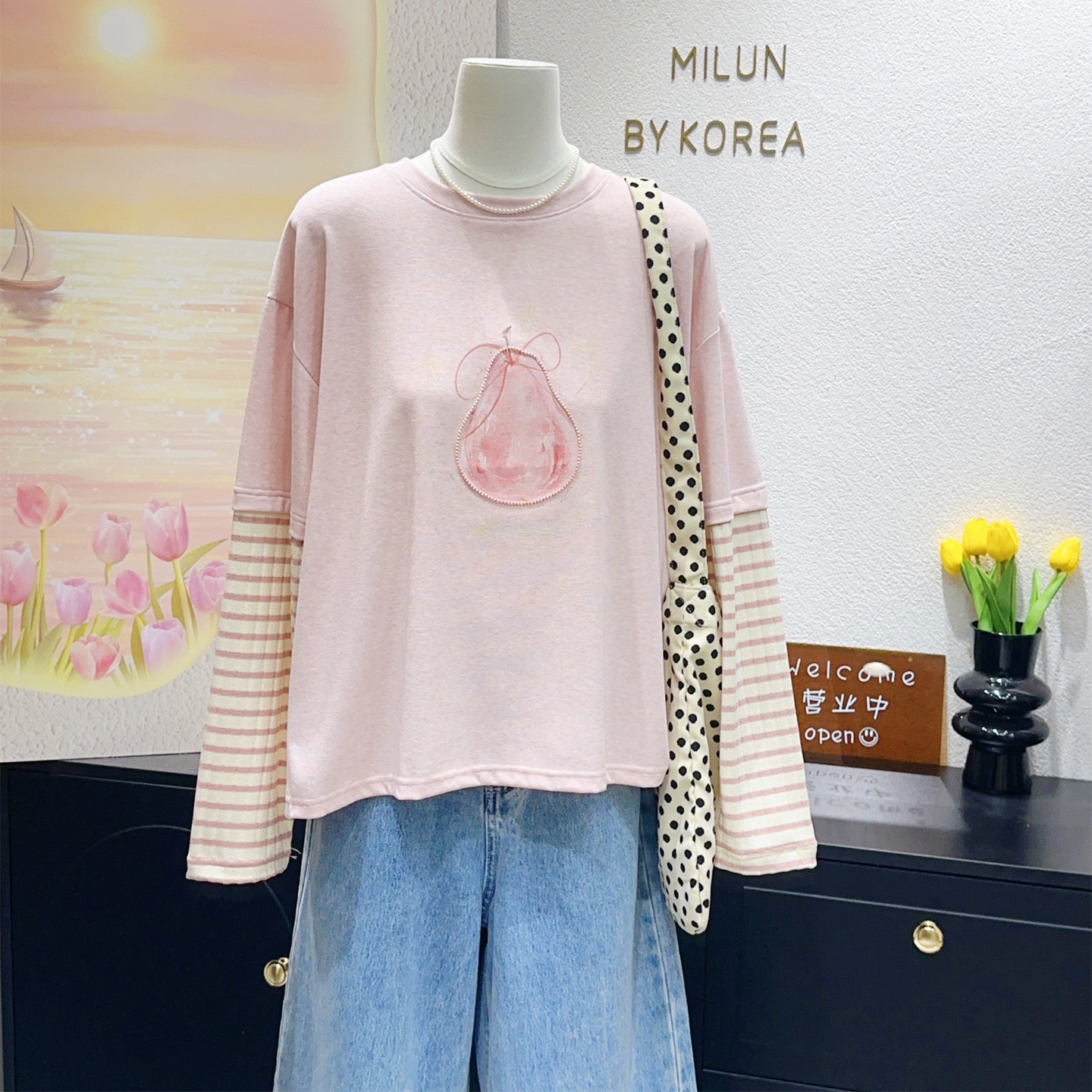 清新艺术感~韩国东大门2026春粉色上衣假两件条纹拼接长袖T恤大码