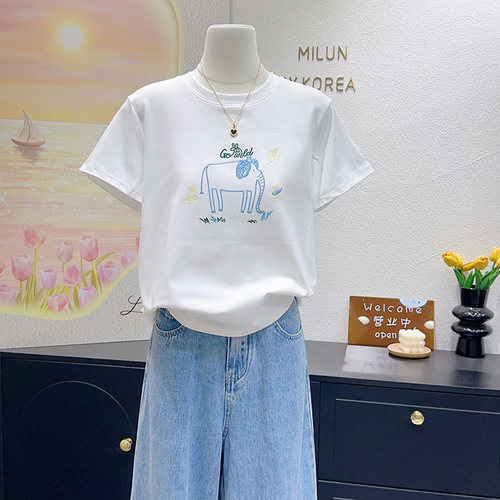 波西米亚小象刺绣正肩短袖小个子