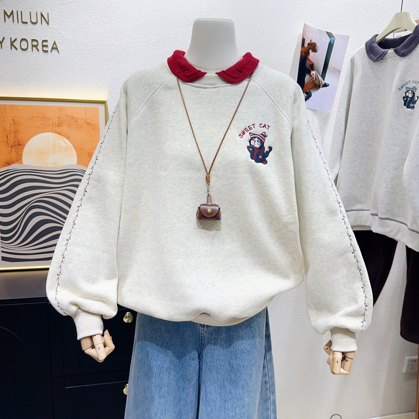 设计感针织小翻领加绒厚卫衣大码