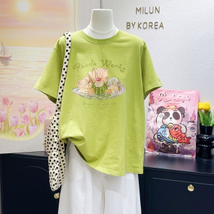 ins甜美风纯棉短袖 Pandawaks纸袋家新款 宽松显瘦 蜜瓜绿色 春夏