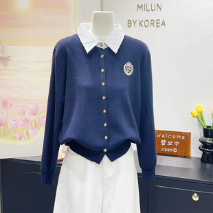 小个子复古英伦风~韩代款早春衬衫拼接假两件毛衣polo领针织开衫