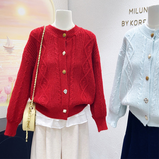 新年洋气红色毛衣~韩代款法式甜美别致外套软糯加厚针织外套遮肉