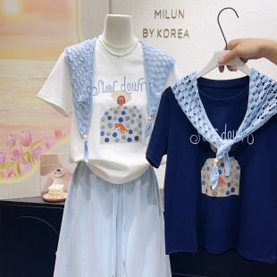 蓝色披肩 上衣 这也太漂亮了 韩国订单2026春夏洋气正肩天丝棉短袖