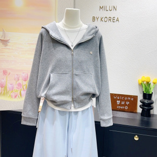 自留气质百搭显腿长 糯米呢灰色连帽外套宽松女 韩国订单2026春季