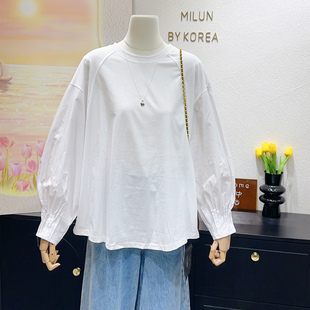 法式灯笼袖衬衫~2026春季新款韩国单白色T恤拼接上衣慵懒遮肉大码