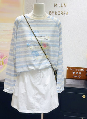 海盐蓝色芭乐花朵条纹天丝棉长袖