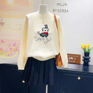 ins风软糯糯~韩代款秋冬减龄刺绣卡通毛衣学院风针织衫正肩内搭