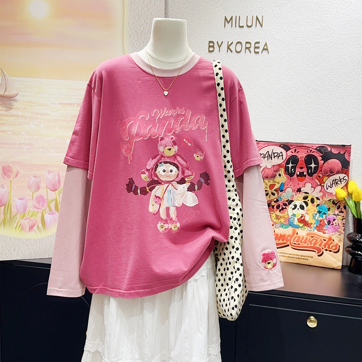 春天的小幸运~熊猫纸袋家100%纯棉减龄显白长袖假两件上衣大码