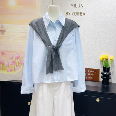 通勤出游浅蓝色衬衫+灰色披肩