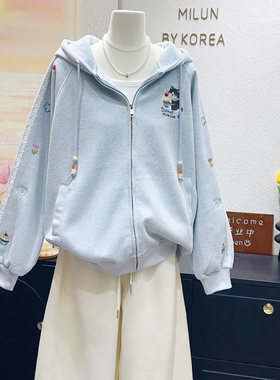 彩纱蓝色甜美设计感连帽外套大码