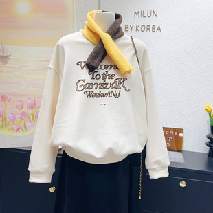 秋冬带围巾的卫衣~韩代款植绒字母糯米羊绒加绒上衣宽松显瘦大码