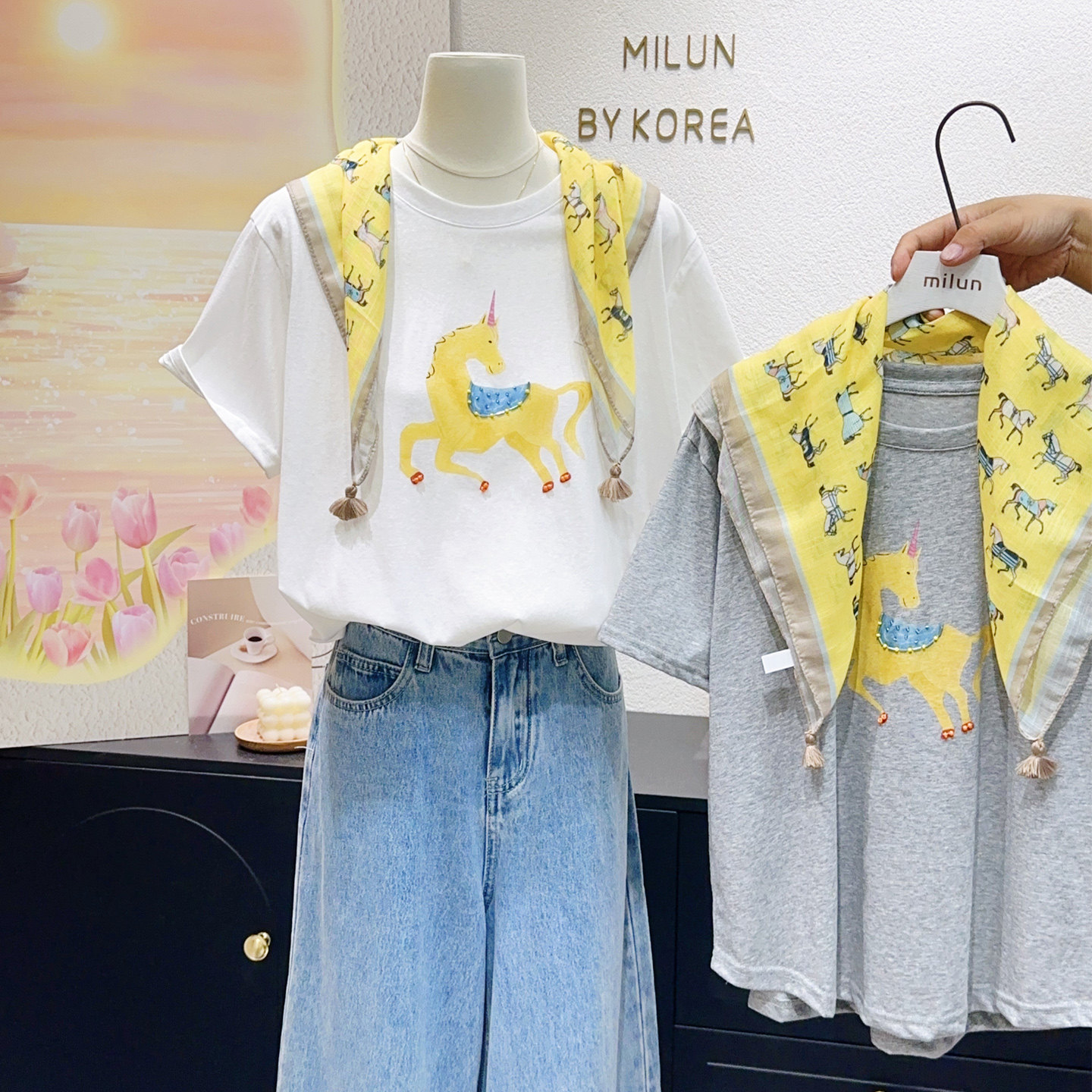 轻奢减龄~韩国东大门夏季正肩短袖T恤+黄色棉麻丝巾两件套装大码