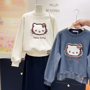 甜美俏皮~韩国东大门斜扣上衣豹纹kt猫加绒卫衣秋冬小个子大码潮