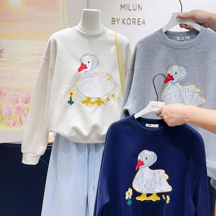 元气干净超耐看~2026春韩代款卫衣ins蕾丝日系花朵小鸭子上衣大码