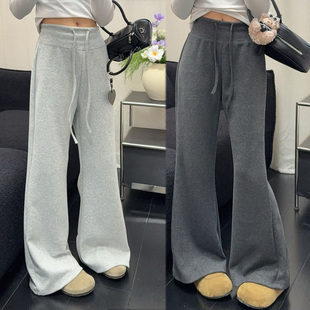 大码 自留遮肚显瘦显高 灰色卫裤 高腰垂感直筒微喇叭裤 春Lulu同款