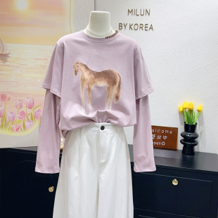 上衣宽松2026春 韩国东大门艺术感假两件长袖 不一样 显白裸粉色