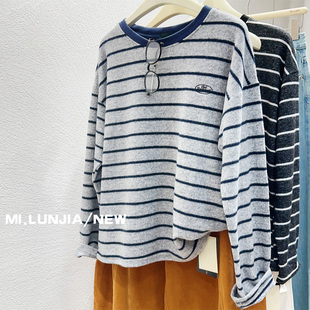 敲软糯质感~韩国订单款八奶字母慵懒风条纹长袖T恤女秋冬内搭大码