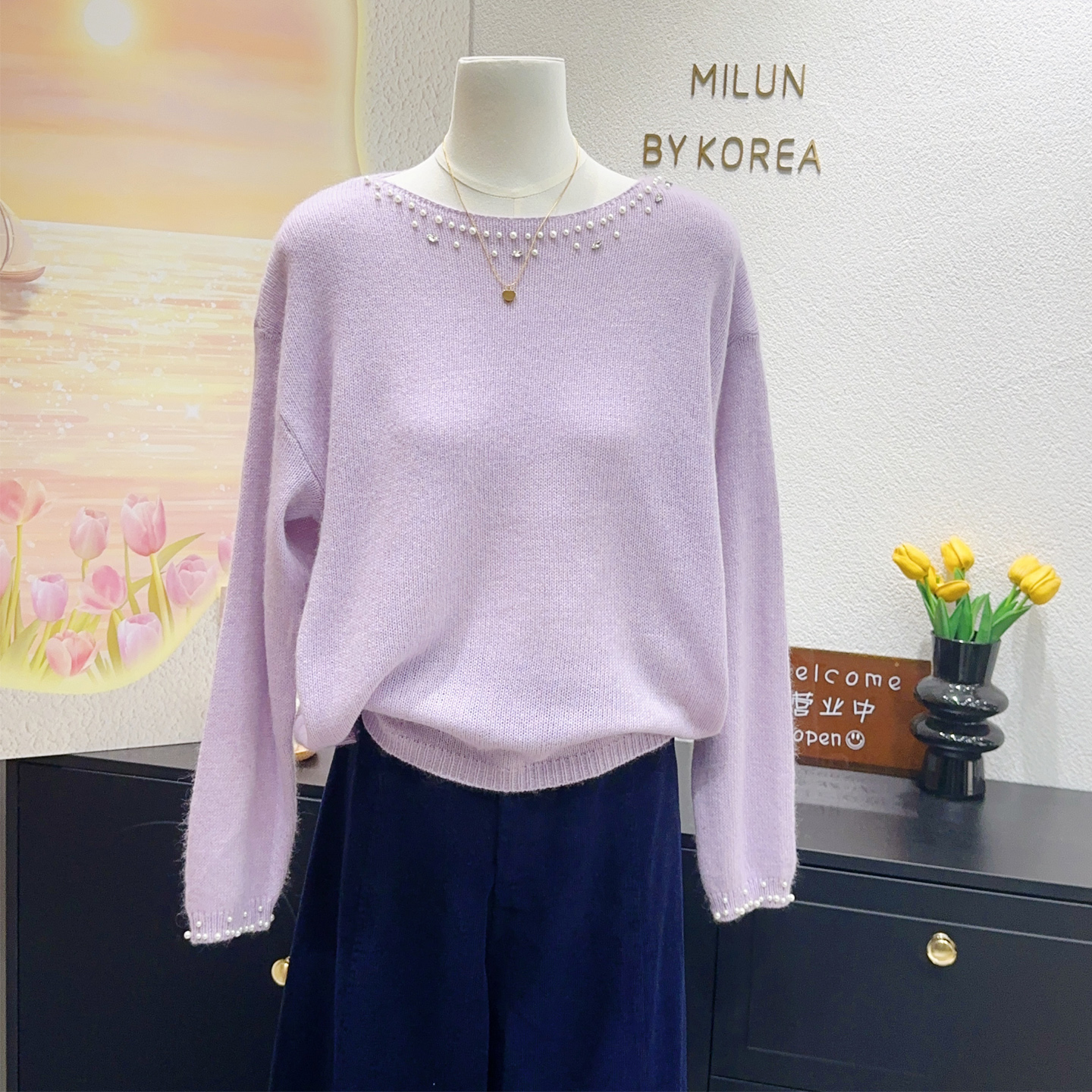 韩系温柔珍珠紫色羊毛针织衫显瘦