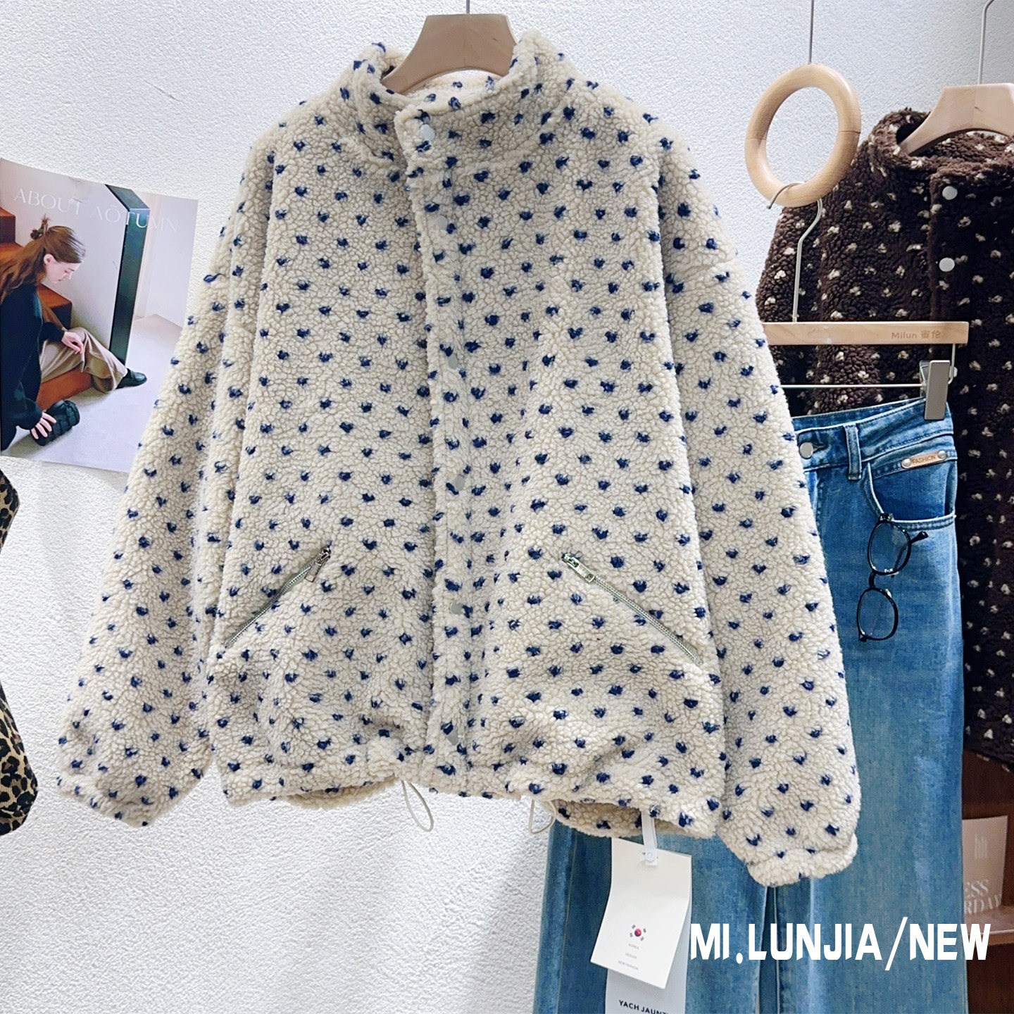 韩系氛围感毛毛外套仿羊羔绒棉服