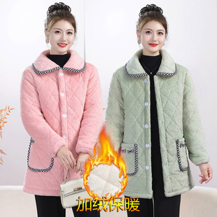 冬装新款妈妈加绒加厚棉衣中长款罩衣女士外套宽松保暖棉袄家居服
