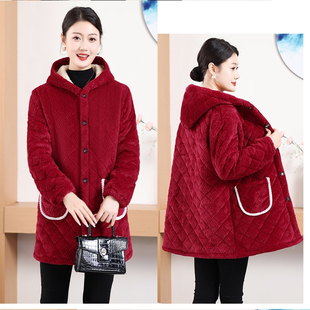 中老年妈妈冬装罩衣女加绒加厚棉袄中长家居服防脏保暖工作服外套