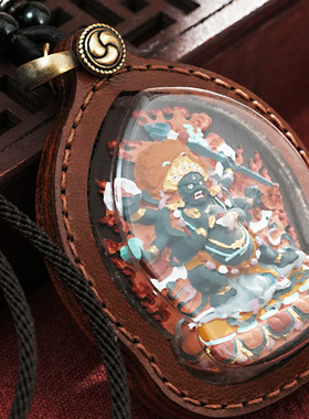 藏式立体手绘唐卡吊坠扎基拉姆五爷文殊藏式大黑天财神皮壳项链