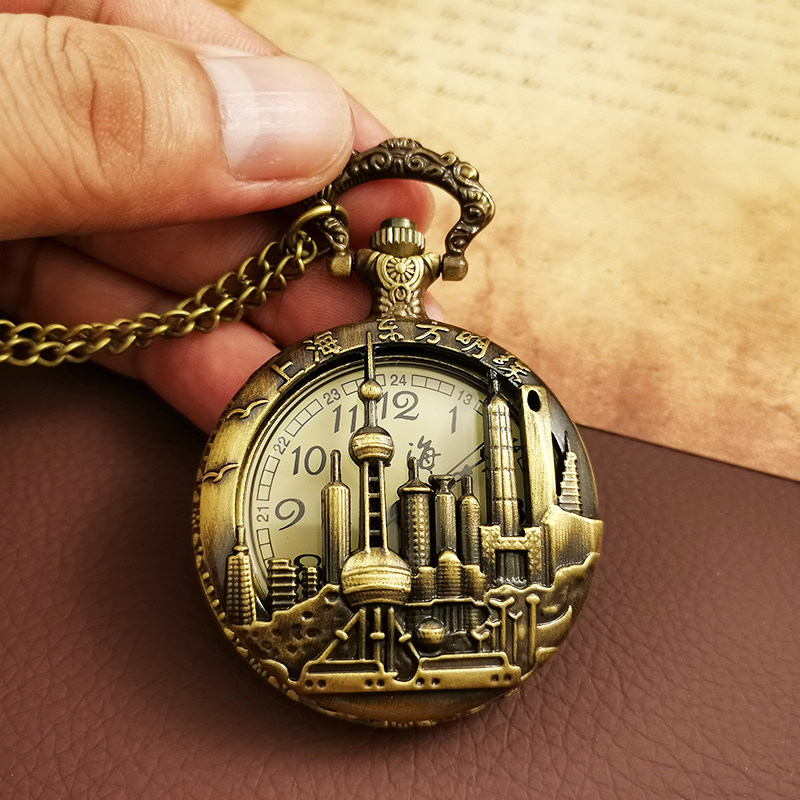 复古老上海怀表东方明珠豫园旅游景点纪念品文创翻盖石英项链挂表