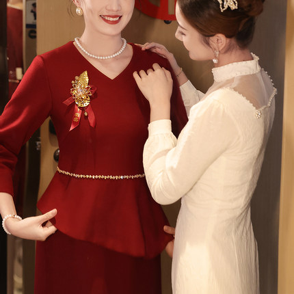 高端婚宴妈妈装假两件旗袍套装羊毛呢子高贵喜婆婆婚礼服裙秋冬款