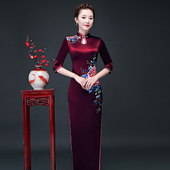 高端真丝桑蚕丝绣花婚宴妈妈装 旗袍高贵喜婆婆婚礼服裙 复古中长袖