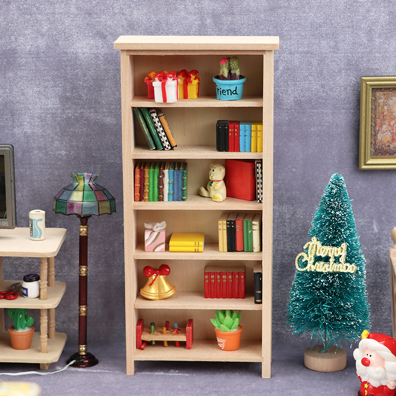 爆款1:12娃娃屋dollhouse迷你家具10分ob11娃屋木质素坯立式书柜