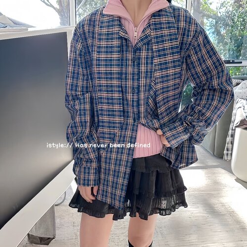 韩版istyle秋季2025新款长袖飘带polo领衬衣时尚格纹叠穿衬衫女潮