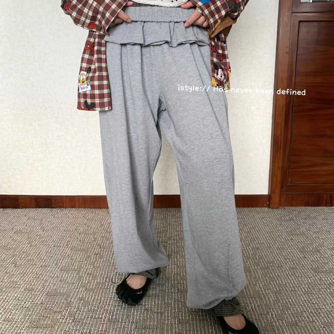 istyle韩版2025秋季宽松百搭荷叶边假两件卫裤女宽松显瘦休闲裤潮