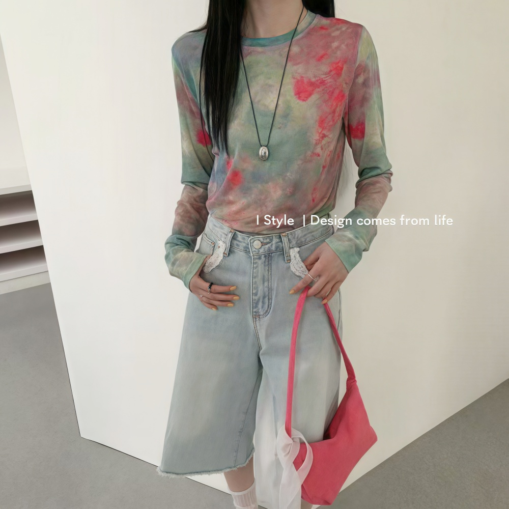 istyle韩版2025春夏复古气质扎染网纱冰丝防晒衫长袖圆领T恤女ins