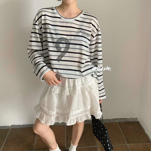 韩版istyle夏季撞色条纹数字印花长袖T恤女宽松圆领薄款防晒上衣
