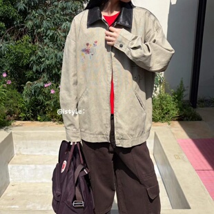 韩版istyle新款2026秋季趣味减龄涂鸦印花夹克撞色翻领工装外套女