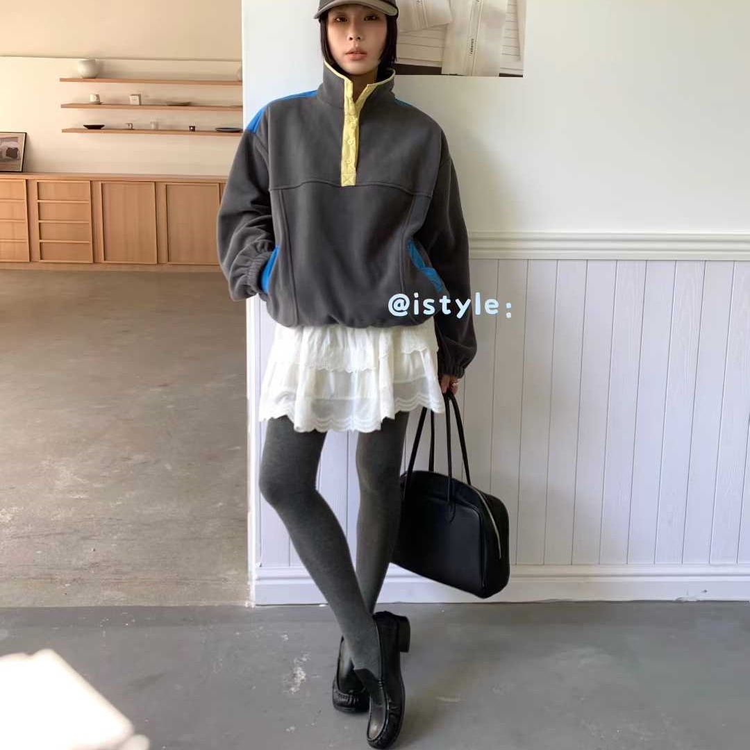 2025秋冬istyle韩版加绒加厚摇粒绒半开领纽扣卫衣保暖内搭外套女