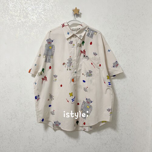 特价不退换 韩版istyle春夏卡通机器人短袖衬衫女士宽松休闲衬衣