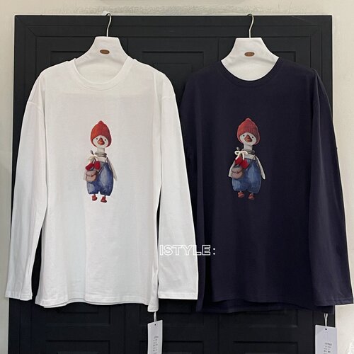 韩版istyle春季新款长袖圆领打底衫上衣卡通爱心毛球卡通小鸭T恤