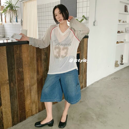 韩版istyle夏季新款长袖V领网纱防晒衫上衣33数字字母印花T恤女潮