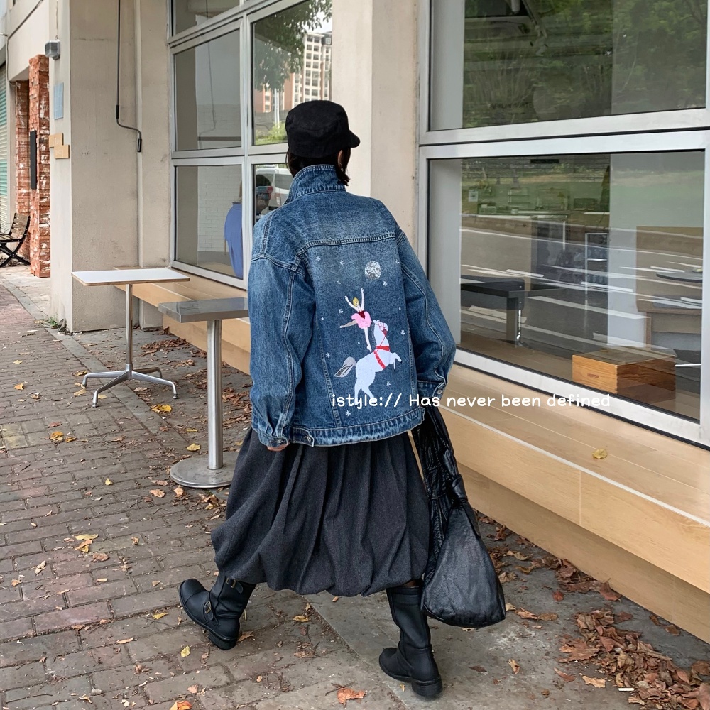 韩版istyle秋冬卡通公主小马亮片刺绣印花夹克复古水洗牛仔外套女