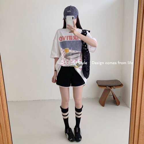 istyle夏季洋气a字阔腿短裤女高级感松紧腰宽松花边小个子休闲裤