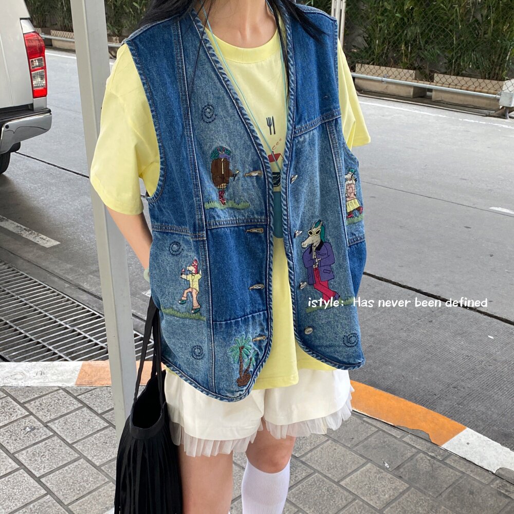 韩版istyle复古V领牛仔马甲女卡通刺绣重工无袖马夹宽松显瘦外套