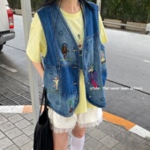 韩版 马夹宽松显瘦外套 istyle复古V领牛仔马甲女卡通刺绣重工无袖