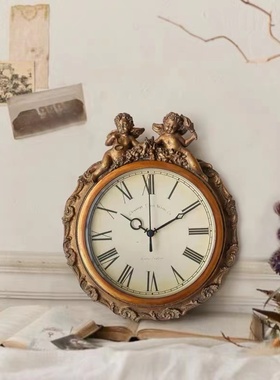 法式中古风客厅装饰挂钟美式古典怀旧挂墙钟表餐厅天使时钟相框