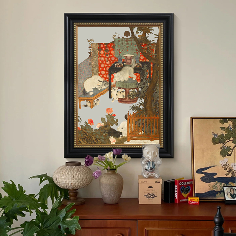 戏猫图》法式中古风玄关装饰画美式复古餐厅客厅挂画桌面高级摆画图片