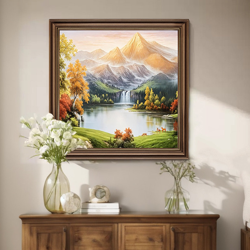 L聚宝盆山水靠山图客厅挂画流水生财风景油画餐厅玄关卧室装饰画