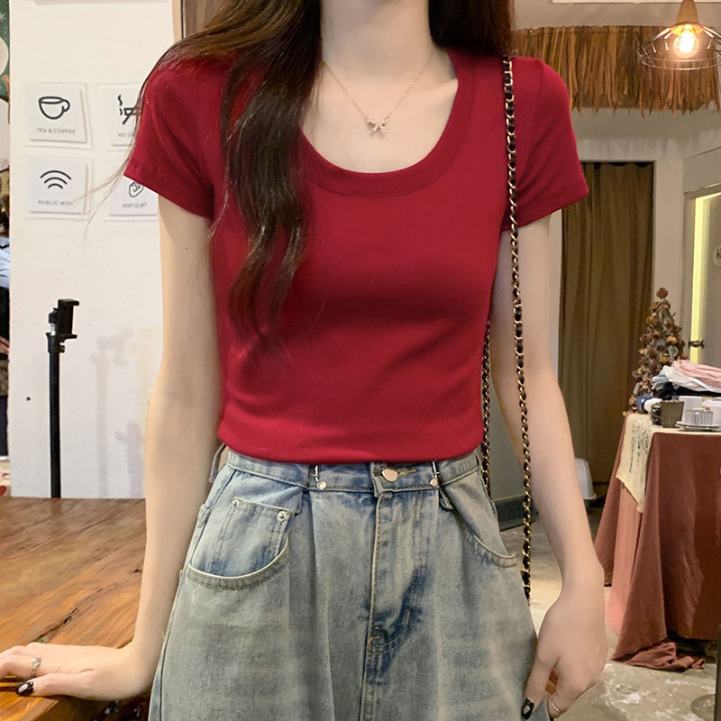 酒红色露锁骨短袖t恤女夏季纯棉修身U领正肩短款上衣2025新款夏季